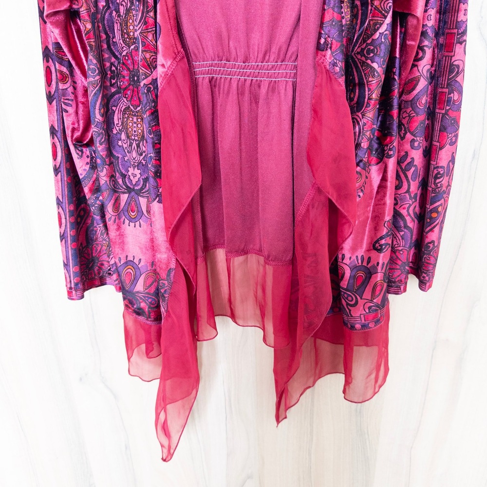 Womens Velvet Cardigan L Pink Paisley Sheer Trim Open Front Boho Festival Artsy - Picture 4 of 8